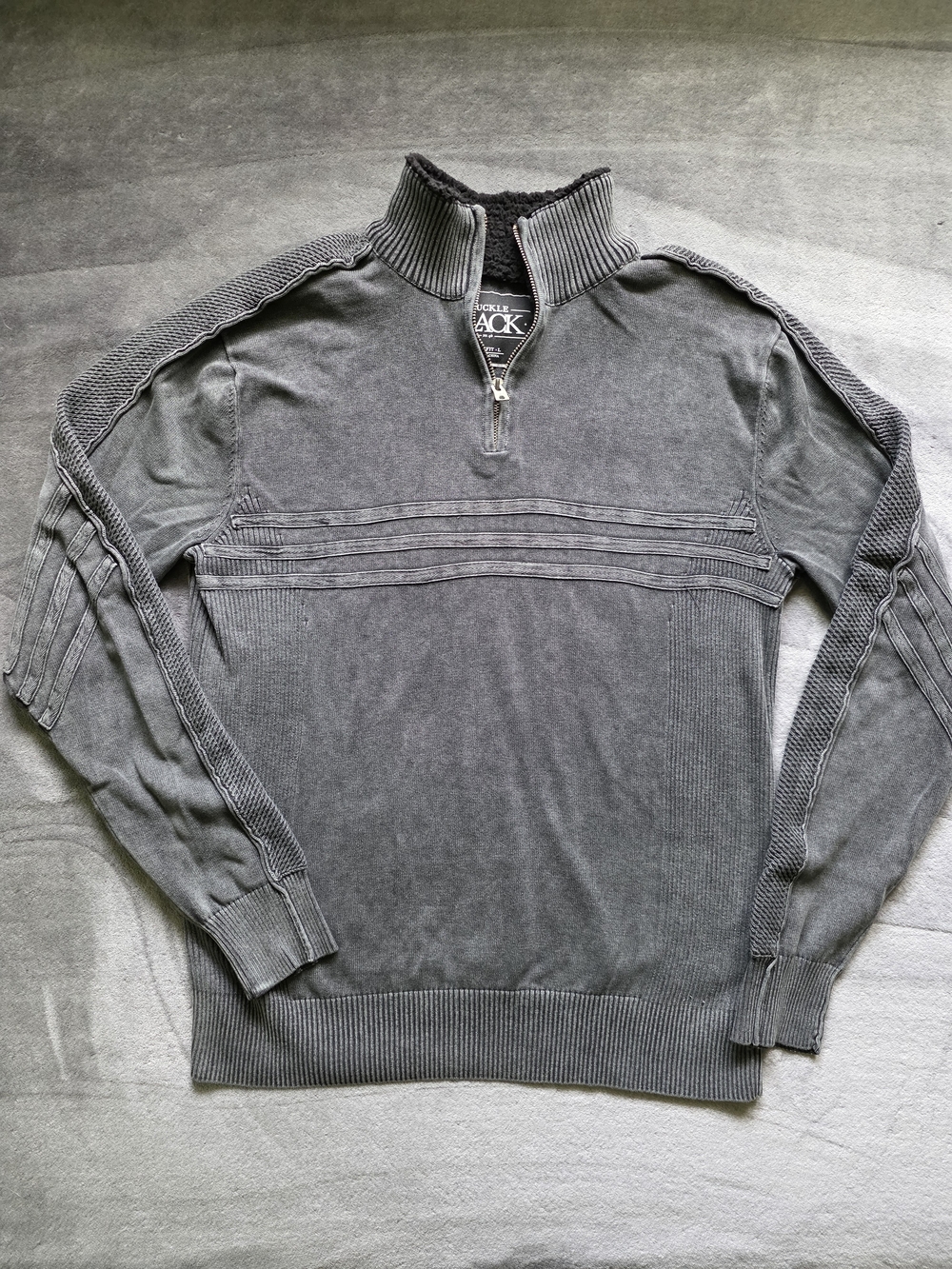 Buckle Black Gray Knit Ribbed Quarter Zip Sweater Mens Large Slim Fit Pullover